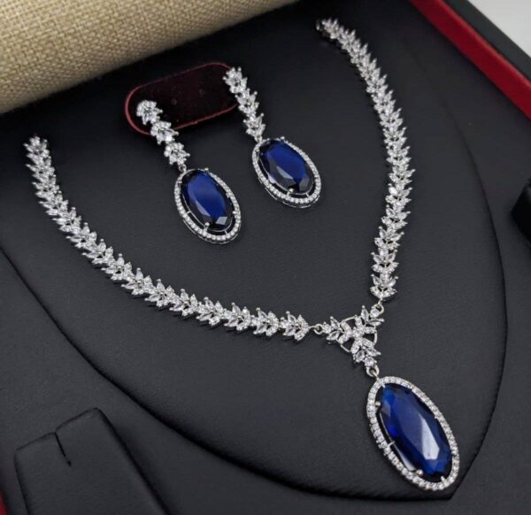 Bollywood Style 925 Silver Plated Indian CZ Bridal Necklace Earrings Jewelry Set - Image 5