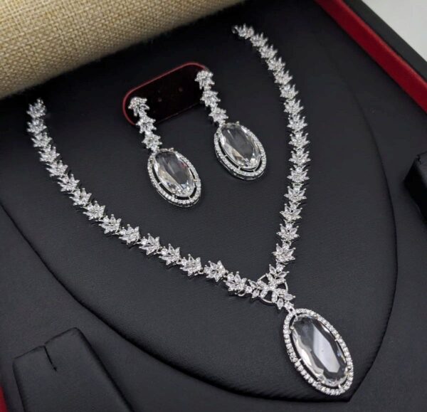 Bollywood Style 925 Silver Plated Indian CZ Bridal Necklace Earrings Jewelry Set