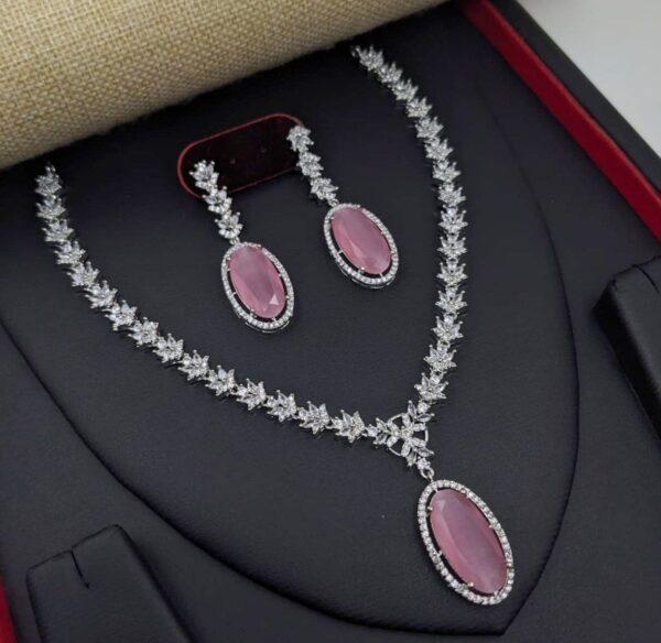 Bollywood Style 925 Silver Plated Indian CZ Bridal Necklace Earrings Jewelry Set - Image 7