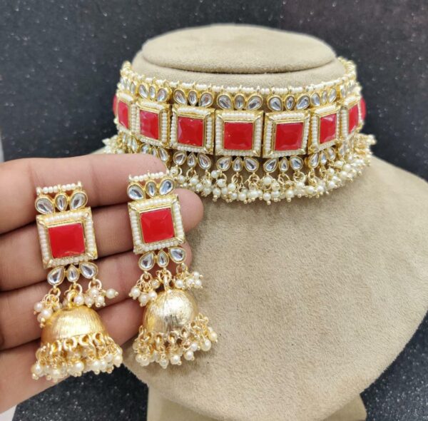 Bollywood Style Indian Kundan Pearl Gray Choker Necklace Jhumka Jewelry Set - Image 7