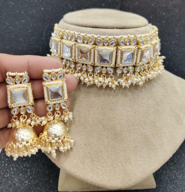 Bollywood Style Indian Kundan Pearl Gray Choker Necklace Jhumka Jewelry Set - Image 8