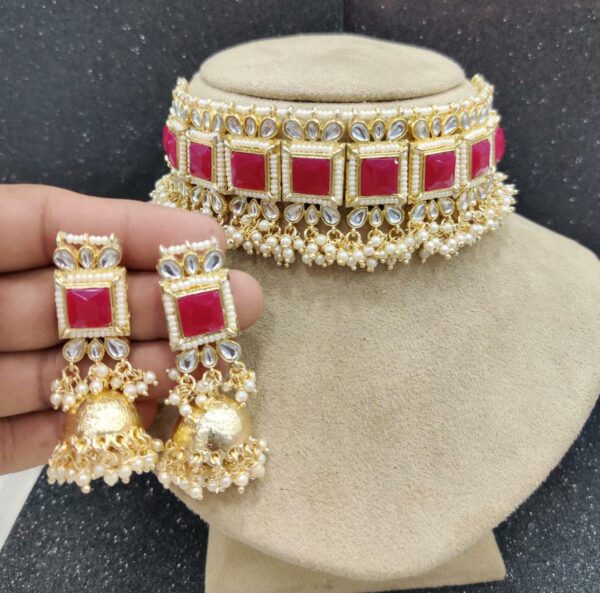 Bollywood Style Indian Kundan Pearl Gray Choker Necklace Jhumka Jewelry Set - Image 9