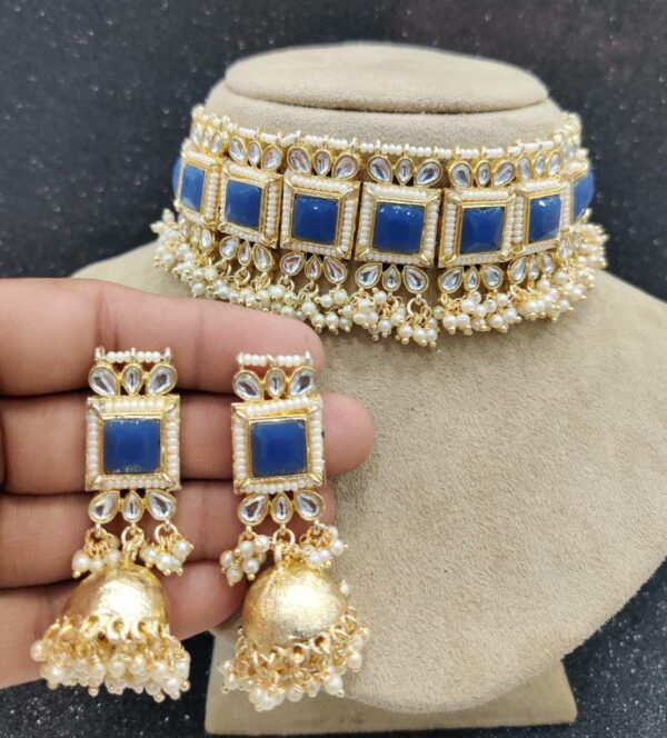 Bollywood Style Indian Kundan Pearl Gray Choker Necklace Jhumka Jewelry Set - Image 10