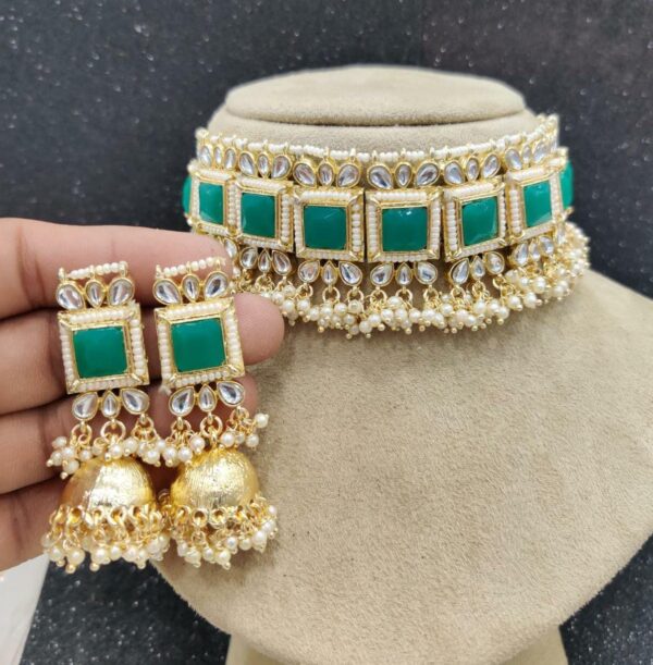 Bollywood Style Indian Kundan Pearl Gray Choker Necklace Jhumka Jewelry Set - Image 11