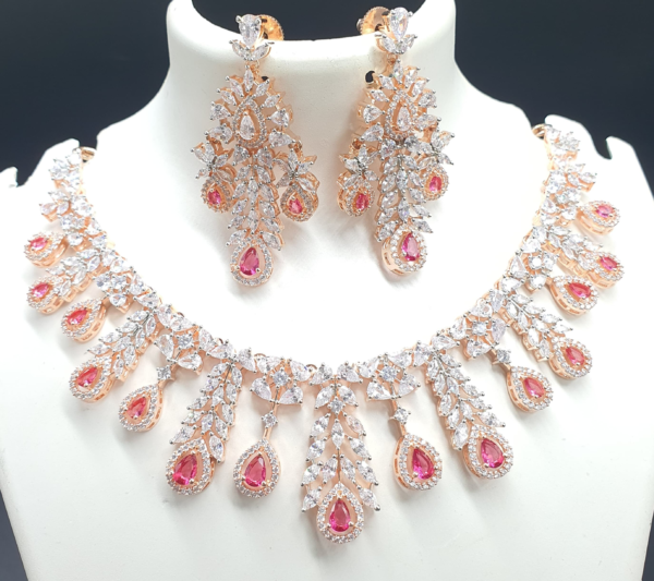 Bollywood Style Rose Gold Plated Indian CZ Necklace Earrings Jewelry Set - Image 8