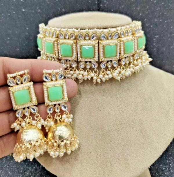 Bollywood Style Indian Kundan Pearl Gray Choker Necklace Jhumka Jewelry Set - Image 6