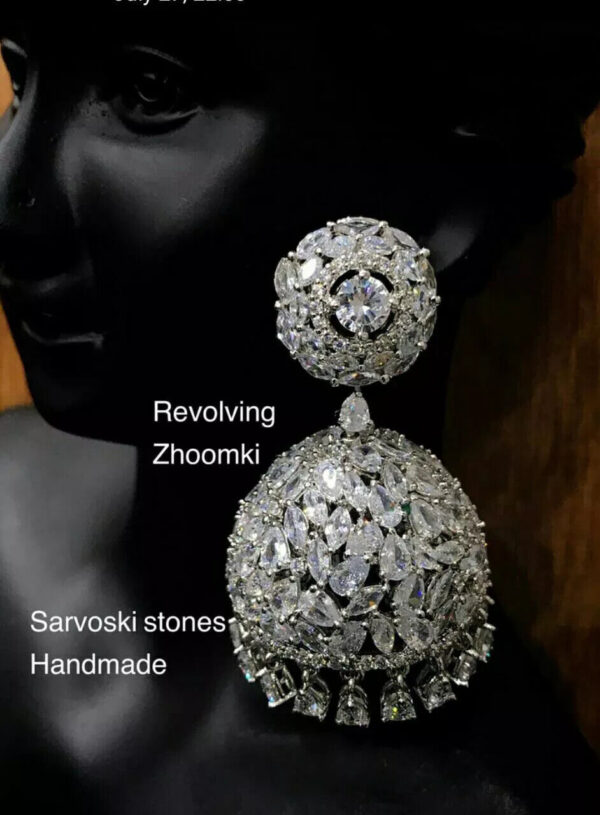 Indian 925 Silver Plated Cz Jhumka Earrings Jhumki Bollywood Style Jewelry Set - Image 3