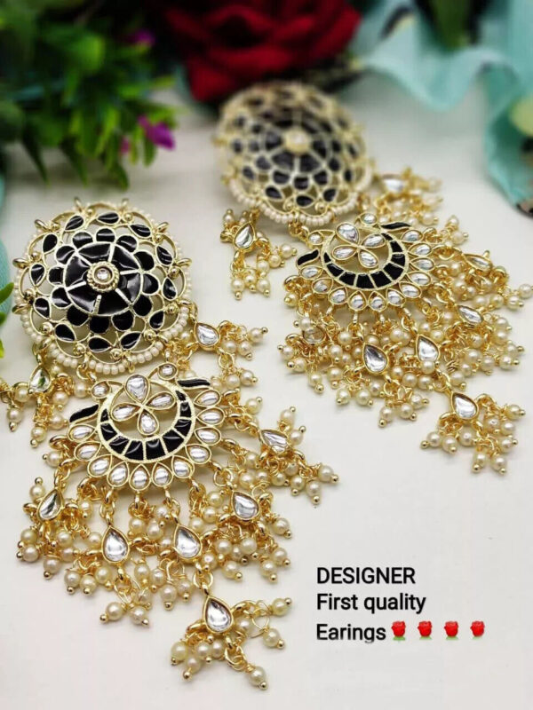 Bollywood Style Indian Pearl Enameled Black Earrings Bridal Kundan Jewelry Set - Image 3