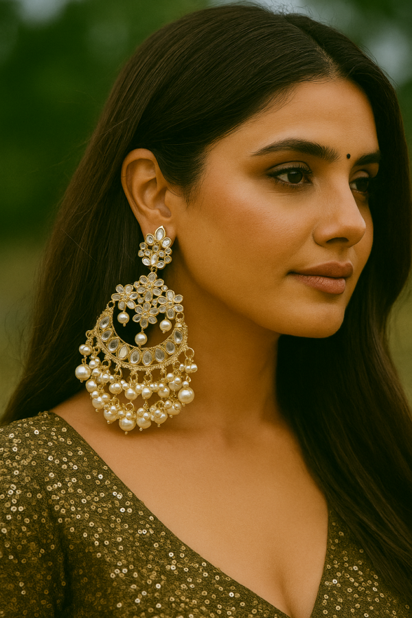 Indian Bollywood Style Gold Plated Pearl Chandbali Earrings Kundan Jewelry Set