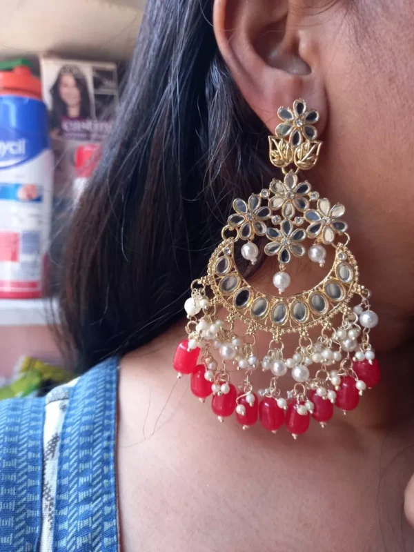 Indian Bollywood Style Gold Plated Pearl Chandbali Earrings Kundan Jewelry Set - Image 7