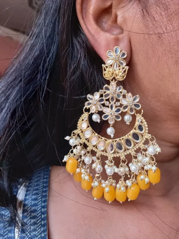 Indian Bollywood Style Gold Plated Pearl Chandbali Earrings Kundan Jewelry Set - Image 6