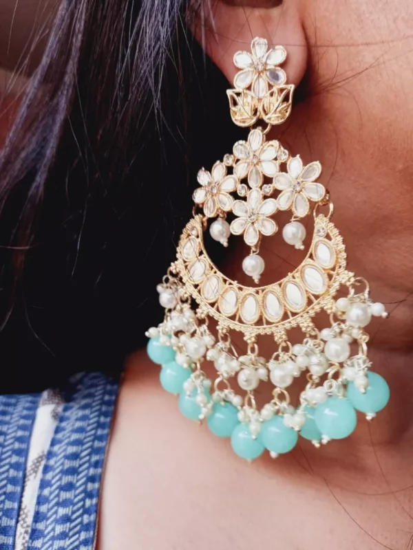 Indian Bollywood Style Gold Plated Pearl Chandbali Earrings Kundan Jewelry Set - Image 5