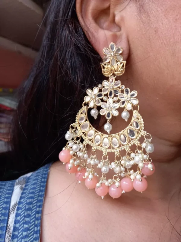 Indian Bollywood Style Gold Plated Pearl Chandbali Earrings Kundan Jewelry Set - Image 4