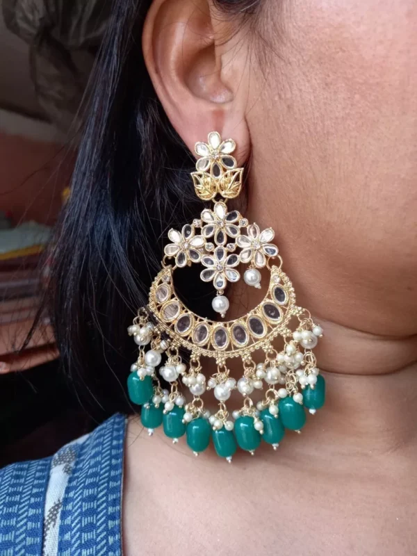 Indian Bollywood Style Gold Plated Pearl Chandbali Earrings Kundan Jewelry Set - Image 3