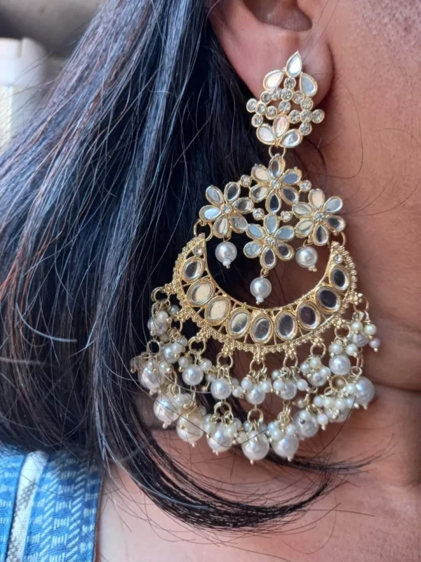 Indian Bollywood Style Gold Plated Pearl Chandbali Earrings Kundan Jewelry Set