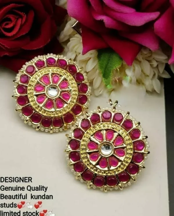 Indian Style Bollywood Gold Plated Kundan Round Stud Earrings Jewelry Set - Image 2