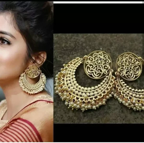 Bollywood Jewelry Indian Big Gold Plated Wedding Set Chandbali Pearl Earrings