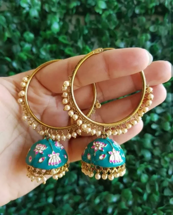 Indian Bollywood Style Enameled Pearl Jhumka Bali Hoop Earrings Meena Jewelry Set