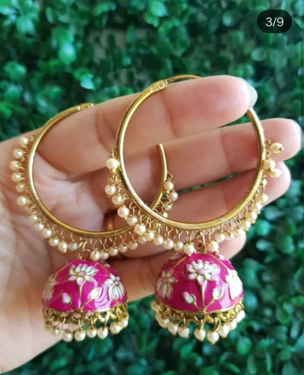 Indian Bollywood Style Enameled Pearl Jhumka Bali Hoop Earrings Meena Jewelry Set - Image 3