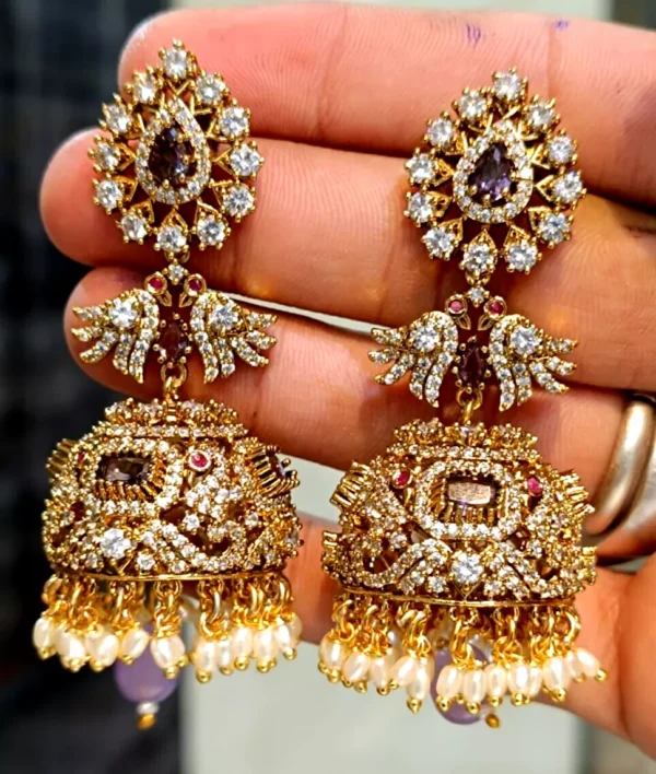 Gold Plated Bollywood Style Indian Earrings Pearl Jhumka CZ Bridal Jewelry Set - Image 4