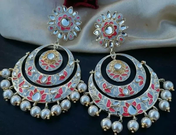 Indian Bollywood Style Gold Plated Pearl Enameled Bridal Chandbali Earrings Jewelry Set - Image 5