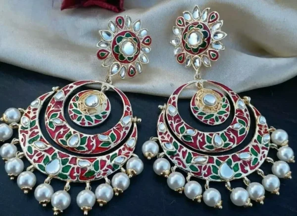 Indian Bollywood Style Gold Plated Pearl Enameled Bridal Chandbali Earrings Jewelry Set - Image 4