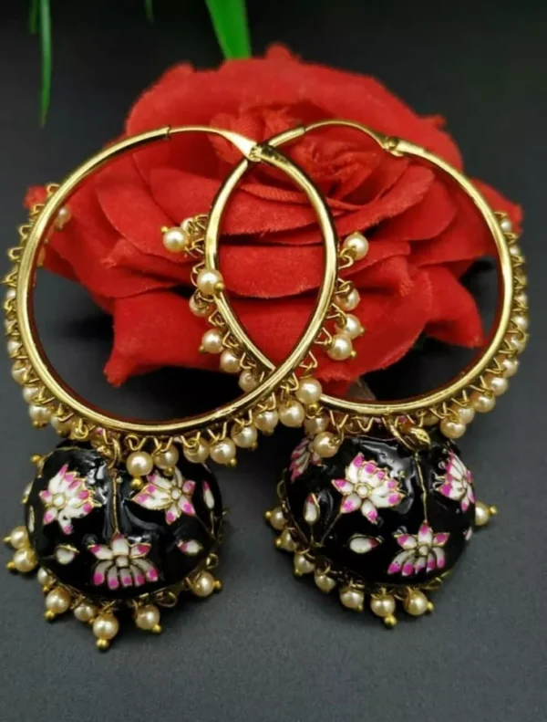 Indian Bollywood Style Enameled Pearl Jhumka Bali Hoop Earrings Meena Jewelry Set - Image 10