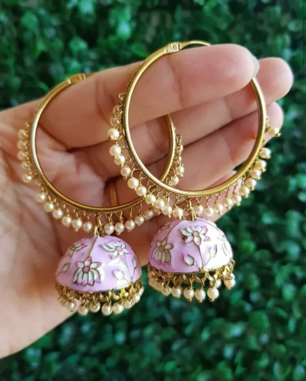 Indian Bollywood Style Enameled Pearl Jhumka Bali Hoop Earrings Meena Jewelry Set - Image 7
