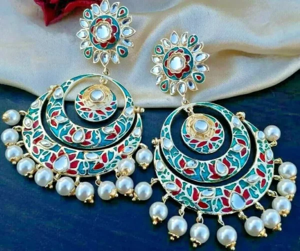 Indian Bollywood Style Gold Plated Pearl Enameled Bridal Chandbali Earrings Jewelry Set