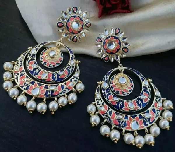 Indian Bollywood Style Gold Plated Pearl Enameled Bridal Chandbali Earrings Jewelry Set - Image 2