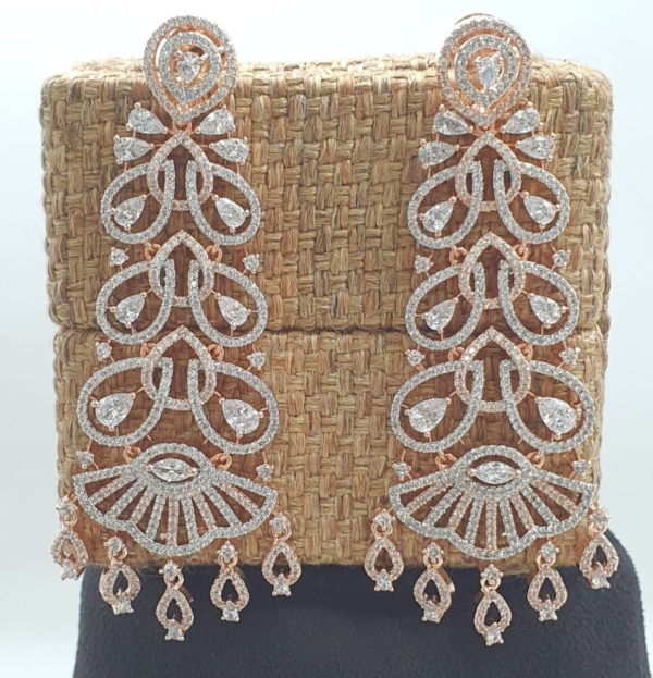 Indian Bollywood Rose Gold Indian Plated CZ Earrings Long Chandelier Jewelry Set - Image 2