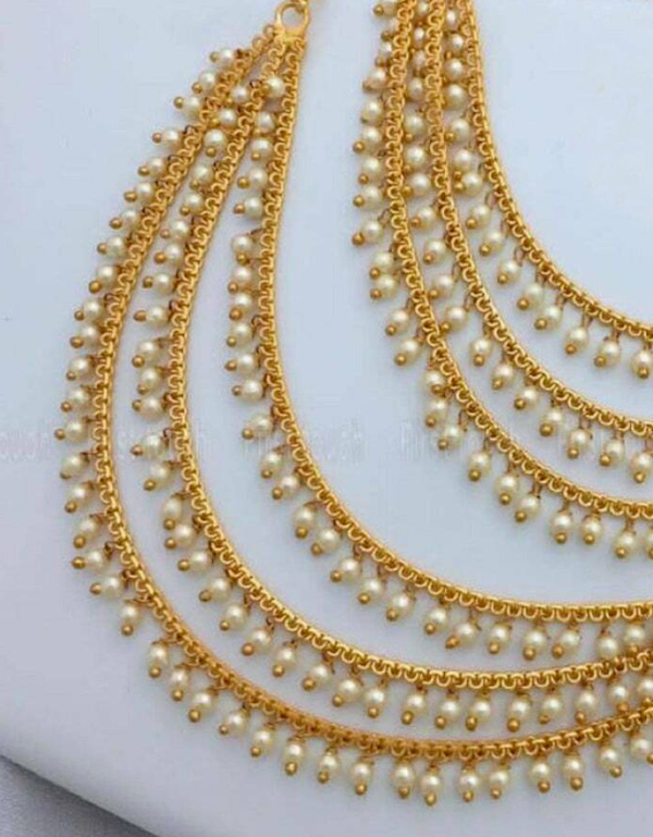 Indian Gold Plated Bollywood Style Ear Chain Earrings Bridal Pearl Jewelry Set - Image 2