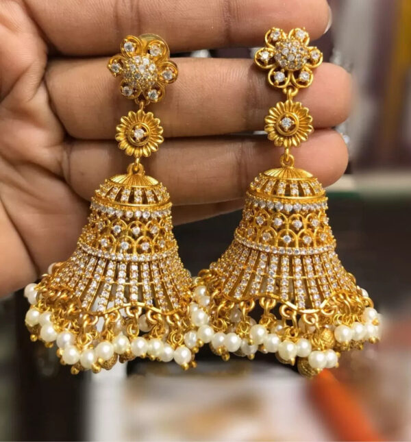 Gold Plated Indian Bollywood Style Pearl CZ Jhumka Earrings Bell Jewelry Set - Image 5