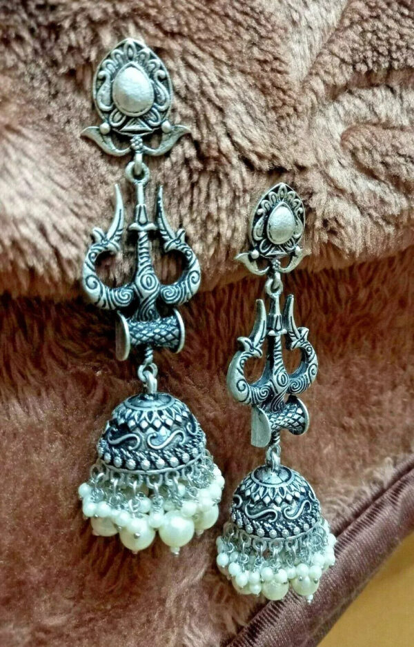 Bollywood Style Oxidized 925 German Silver Long Pearl Jhumka Earrings Jewelry - Image 2