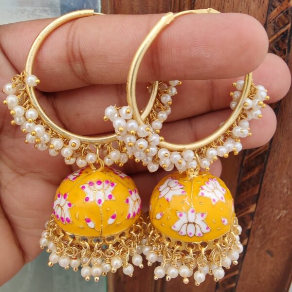 Indian Bollywood Style Yellow Enameled Pearl Jhumka Bali Earrings Jewelry Set