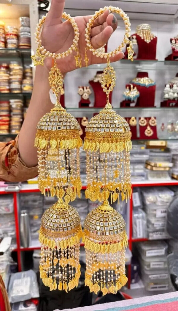 Gold Plated Bollywood Style Indian Chura Chuda Bridal Kalire Kundan Jewelry Set - Image 5