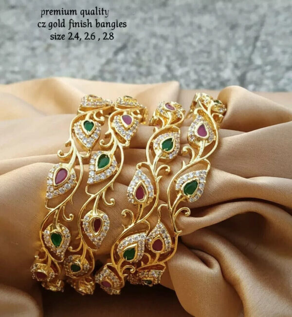 Indian Bollywood Style Gold Plated Bangles Bracelet CZ Red Green Jewelry Set - Image 4
