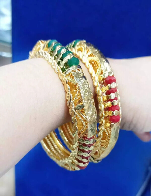 Indian Ethnic Bridal Bollywood Style Gold Plated Red Green Broad Kada Bangle Set - Image 3