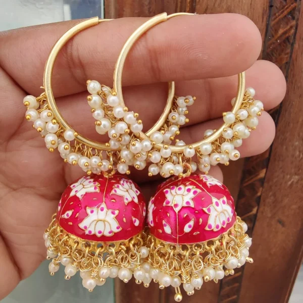 Indian Bollywood Style Yellow Enameled Pearl Jhumka Bali Earrings Jewelry Set - Image 2