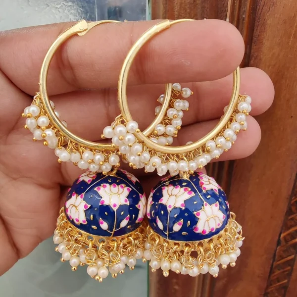 Indian Bollywood Style Yellow Enameled Pearl Jhumka Bali Earrings Jewelry Set - Image 5
