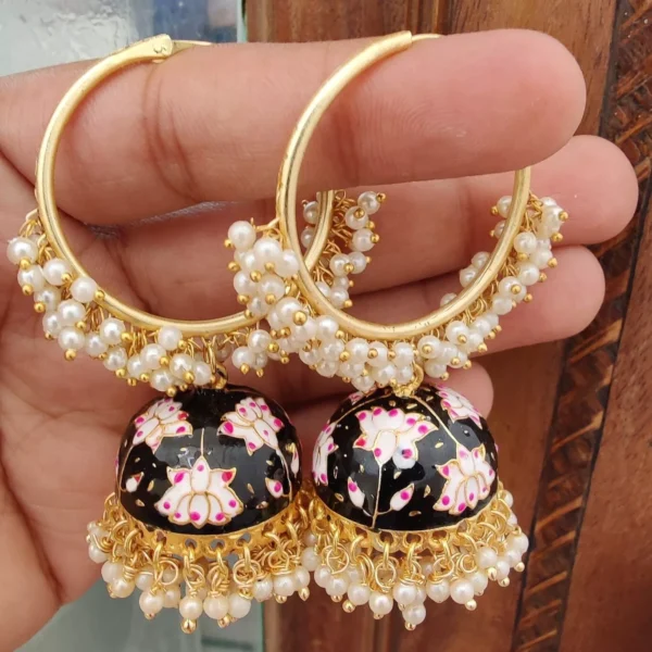 Indian Bollywood Style Yellow Enameled Pearl Jhumka Bali Earrings Jewelry Set - Image 6