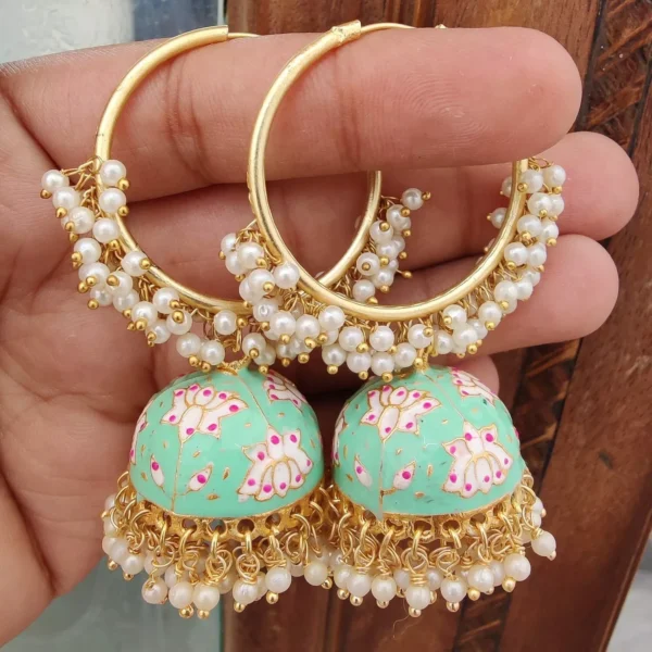 Indian Bollywood Style Yellow Enameled Pearl Jhumka Bali Earrings Jewelry Set - Image 7