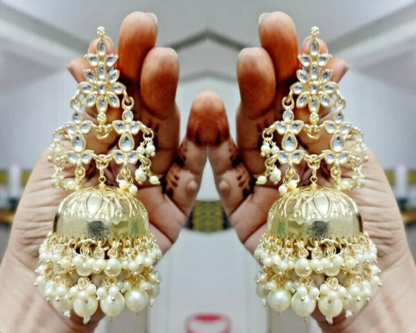 Bollywood Style Gold Plated Indian Kundan Earrings Big Jhumka Pearl Jewelry Set - Image 5