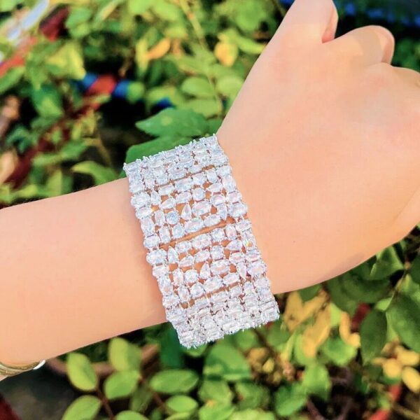 Silver Plated Chunky Statement Big Wide Tennis Bracelets Bangles CZ Jewelry Set - Image 3