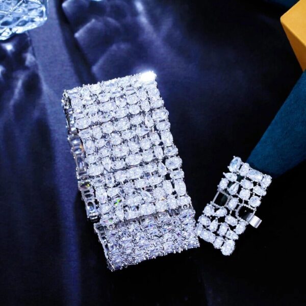 Silver Plated Chunky Statement Big Wide Tennis Bracelets Bangles CZ Jewelry Set - Image 5