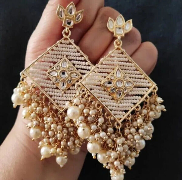 Gold Plated Indian Bollywood Style Pearl Chandbali Kundan Bridal Jewelry Set - Image 2