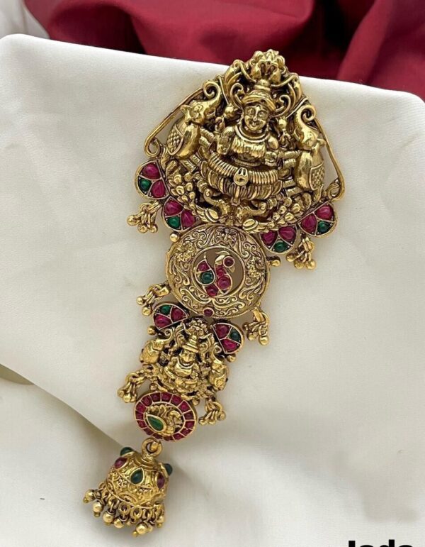 Bollywood Style Indian Matt Gold Plated Brooch Engraved Jada Temple Jewelry Set - Image 2