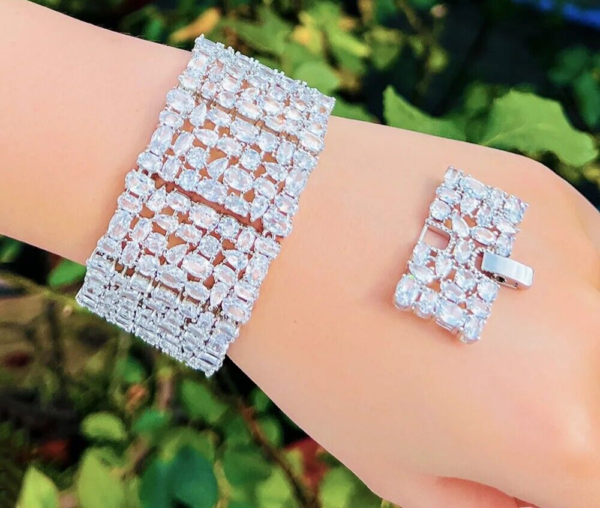 Silver Plated Chunky Statement Big Wide Tennis Bracelets Bangles CZ Jewelry Set