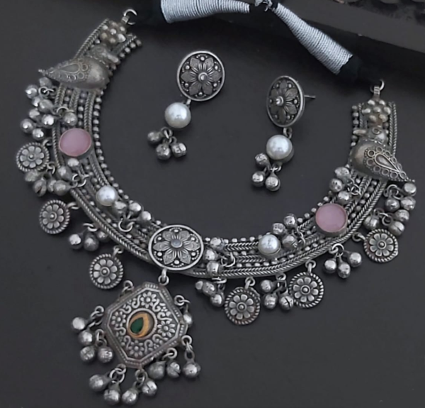 Bollywood Style Oxidized Heavily Engraved Floral Textured Choker Necklace Silver Jewelry Set