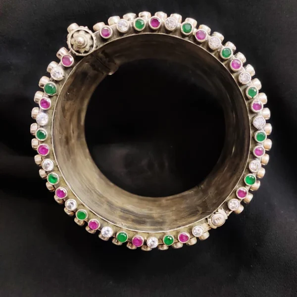 925 Sterling Silver Handcrafted Gold Rajasthani Statement Stone Kada (Single) - Image 4